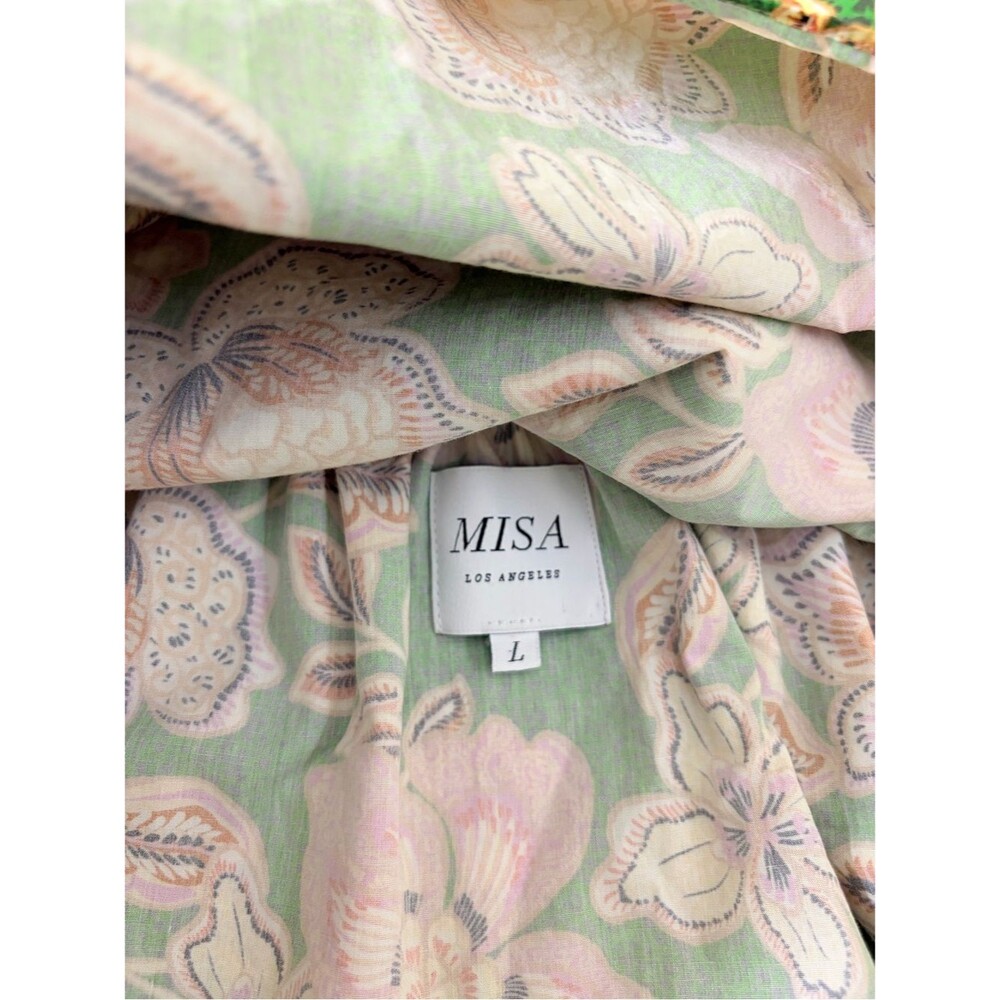 MISA Los Angeles Floral Puff Sleeve Open Back Bow Mini Dress Green Pink Size L - Picture 5 of 12